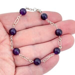 Vintage Sterling Silver 925 Amethyst Bead Bracelet 7.25"